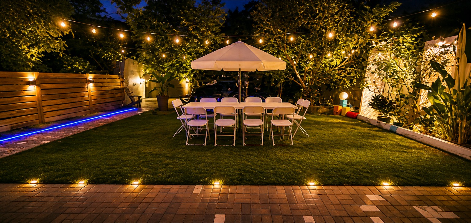 Garden dining area with warm string lights